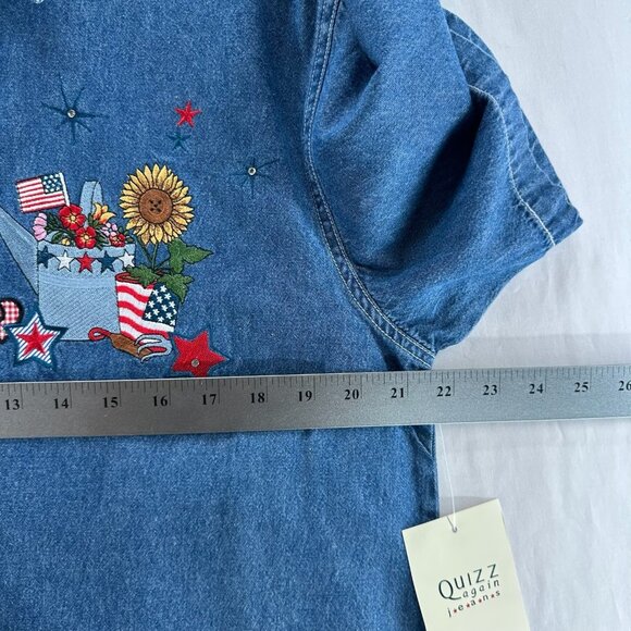 Vtg Quizz Again Jeans Denim Shirt Women XL Short Sleeve Button Up Patriotic Blue - Picture 9 of 10
